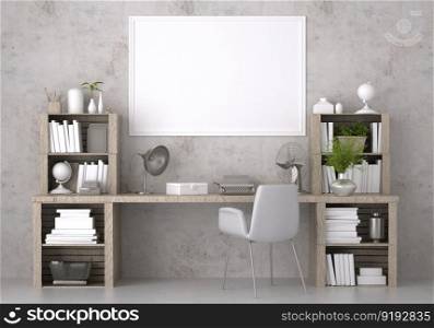 3D illustration mockup blank board with frame on the wall in working area in house, scandinavian style interior with cozy furniture and bookshelfs decoration, rendering