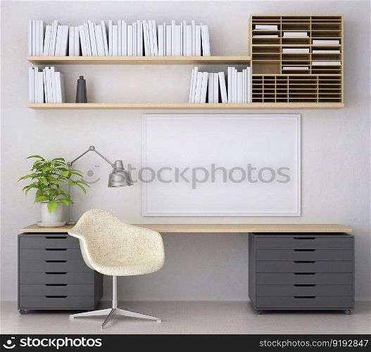 3D illustration mockup blank board with frame on the wall in working area in house, scandinavian style interior with cozy furniture and plant in natural decoration, rendering