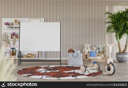 3D illustration mockup blank horizontal board in children room or nursery for pre-primary child, interior and decoration with table, chair and toy for kid, rendering