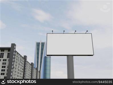 3D illustration mockup blank horizontal outdoors billboard near high building at downtown, empty space for insert advertising, communication marketing, rendering
