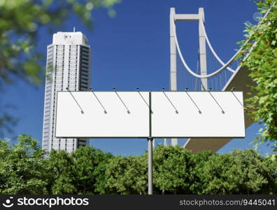 3D illustration mockup blank horizontal outdoors billboard near high building at downtown, empty space for insert advertising, communication marketing, rendering