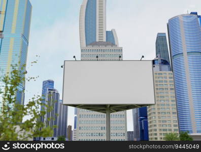 3D illustration mockup blank horizontal outdoors billboard near high building at downtown, empty space for insert advertising, communication marketing, rendering