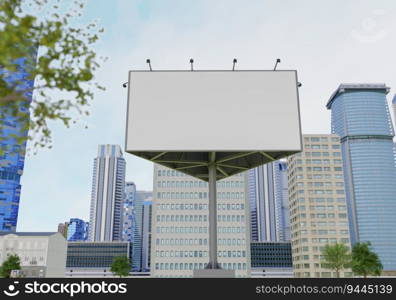 3D illustration mockup blank horizontal outdoors billboard near high building at downtown, empty space for insert advertising, communication marketing, rendering