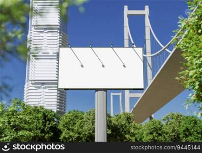 3D illustration mockup blank horizontal outdoors billboard near high building at downtown, empty space for insert advertising, communication marketing, rendering