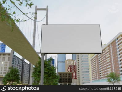 3D illustration mockup blank horizontal outdoors billboard near high building at downtown, empty space for insert advertising, communication marketing, rendering