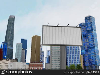 3D illustration mockup blank horizontal outdoors flip billboard near high building at downtown, empty space for insert advertising, communication marketing, rendering