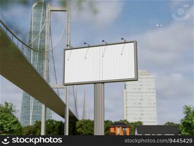 3D illustration mockup blank horizontal outdoors flip billboard near high building at downtown, empty space for insert advertising, communication marketing, rendering