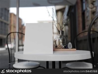 3D illustration mockup blank menu board on table at coffee shop outdoor of building at downtown, empty space for insert advertising, communication marketing, rendering