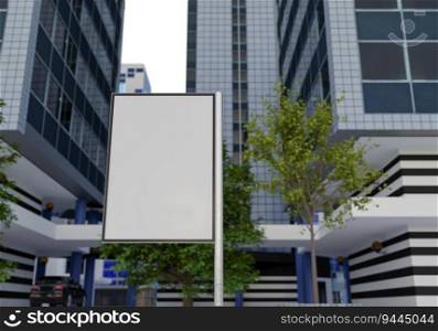3D illustration mockup blank outdoors billboard near high building at downtown, empty space for insert advertising, communication marketing, rendering