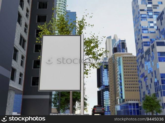 3D illustration mockup blank outdoors billboard on street, building at downtown in background, empty space for insert advertising, communication marketing, rendering