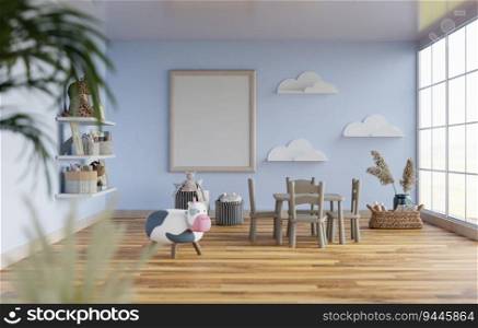 3D illustration mockup blank photo frame in children room at pool villa, interior and decoration with comfortable furniture, toys and pillows, rendering