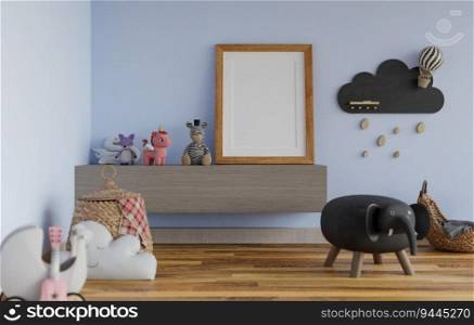 3D illustration mockup blank photo frame in children room, interior and decoration with comfortable furniture, toys and pillows, rendering