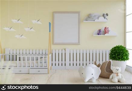 3D illustration mockup blank photo frame in chirldren room or nursery at home, interior and decoration with cute furniture and soft for kids, rendering