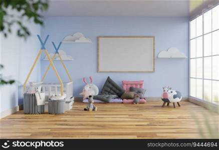 3D illustration mockup blank photo frame in chirldren room or nursery at home, interior and decoration with cute furniture and soft for kids, rendering