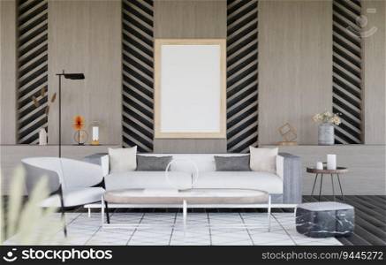 3D illustration mockup blank photo frame in living room at pool villa, interior and decoration with comfortable furniture and houseplant, rendering