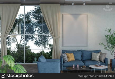 3D illustration mockup blank photo frame in living room at pool villa, interior and decoration with comfortable furniture and houseplant, rendering