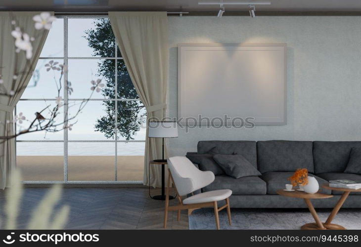 3D illustration mockup blank photo frame in living room at pool villa, interior and decoration with comfortable furniture and houseplant, rendering