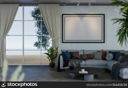 3D illustration mockup blank photo frame in living room at pool villa, interior and decoration with comfortable furniture and houseplant, rendering