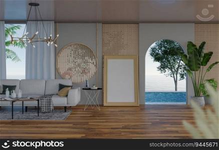 3D illustration mockup blank photo frame in living room at pool villa, interior and decoration with comfortable furniture and houseplant, rendering