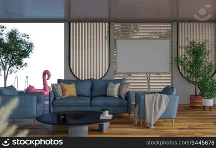 3D illustration mockup blank photo frame in living room at pool villa, interior and decoration with comfortable furniture and houseplant, rendering