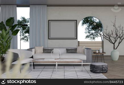 3D illustration mockup blank photo frame in living room at pool villa, interior and decoration with comfortable furniture and houseplant, rendering