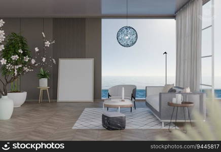 3D illustration mockup blank photo frame in living room at pool villa, interior and decoration with comfortable furniture and houseplant, rendering