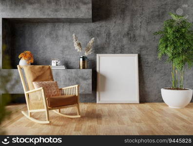 3D illustration mockup blank photo frame in living room at pool villa, interior and decoration with comfortable furniture and houseplant, rendering