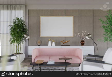 3D illustration mockup blank photo frame in living room at pool villa, interior and decoration with comfortable furniture and houseplant, rendering