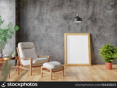 3D illustration mockup blank photo frame in living room at pool villa, interior and decoration with comfortable furniture and houseplant, rendering