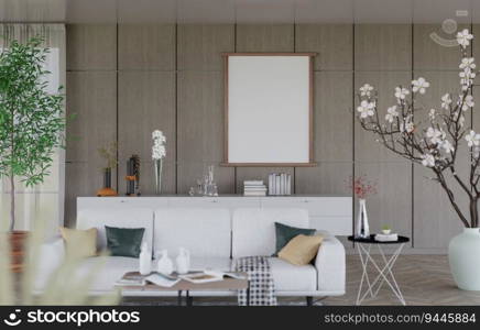 3D illustration mockup blank photo frame in living room at pool villa, interior and decoration with comfortable furniture and houseplant, rendering