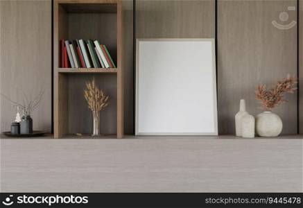 3D illustration mockup blank photo frame in living room, interior buit-in and decorated with plant in pot rendering