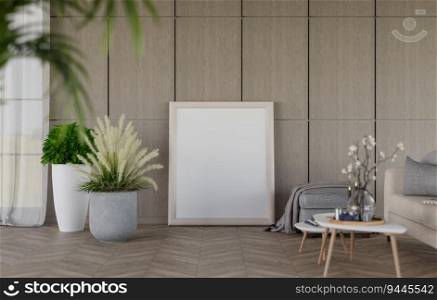 3D illustration mockup blank photo frame in living room, interior buit-in and decorated with plant in pot rendering