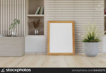 3D illustration mockup blank photo frame in living room, interior buit-in and decorated with plant in pot rendering