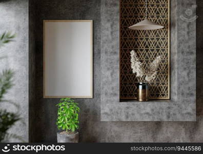 3D illustration mockup blank photo frame in living room, interior buit-in and decorated with plant in pot rendering