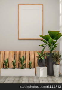 3D illustration mockup blank photo frame on the wall in living room, Interior with beautiful furniture and decoration with houseplant, rendering 