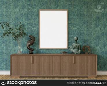 3D illustration mockup blank photo frame on the wall in living room or showroom, Interior with beautiful furniture and decoration with houseplant, rendering