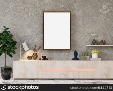 3D illustration mockup blank photo frame on the wall in living room or showroom, Interior with beautiful furniture and decoration with houseplant, rendering