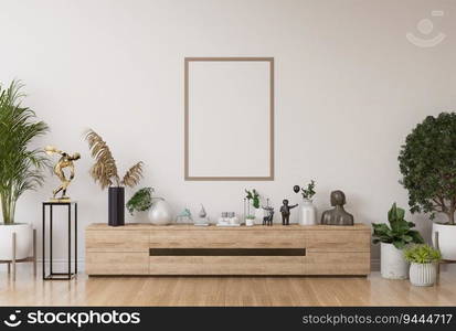 3D illustration mockup blank photo frame on the wall in living room or showroom, Interior with beautiful furniture and decoration with houseplant, rendering