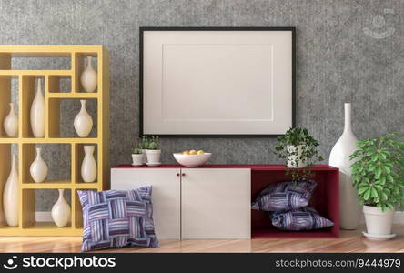 3D illustration mockup blank photo frame on the wall in living room, Interior with beautiful furniture and decoration with houseplant, rendering 