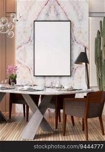 3D illustration, Mockup blank photo frame on the wall of dining room, Interior of comfortable with luxury furniture, rendering