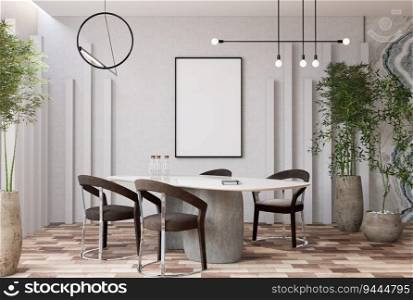 3D illustration, Mockup blank photo frame on the wall of dining room, Interior of comfortable with luxury furniture, rendering