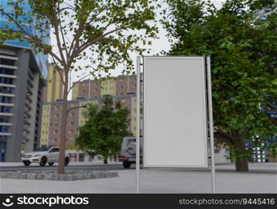 3D illustration mockup blank signboard on street, outdoors billboard at walkway in downtown, empty space for insert advertising, communication marketing, rendering