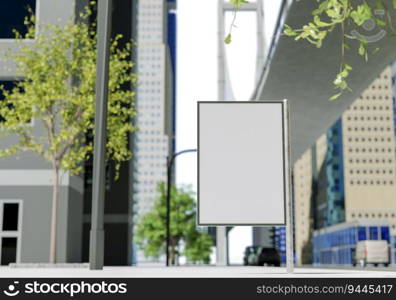 3D illustration mockup blank signboard on street, outdoors billboard at walkway in downtown, empty space for insert advertising, communication marketing, rendering