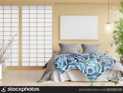 3D illustration mockup frame in bedroom Interior with Traditional Japanese style, rendering