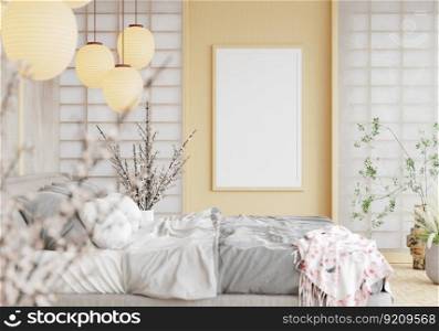 3D illustration mockup frame in bedroom Interior with Traditional Japanese style, rendering