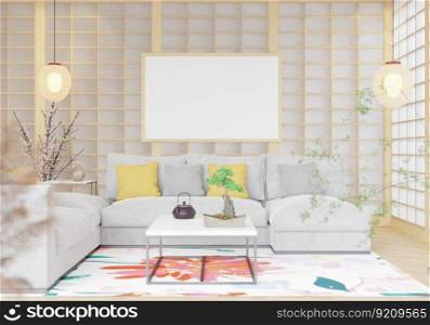 3D illustration mockup frame in living room Interior with Traditional Japa≠se sty≤, rendering