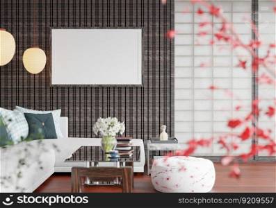 3D illustration mockup frame in living room Interior with Traditional Japanese style, rendering