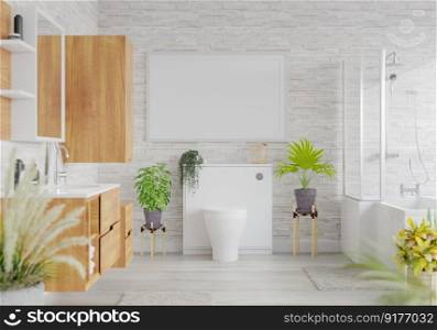 3D illustration mockup horizontal photo frame on beautiful wall over sanitary in bathroom, Wet zone with  glass partition and shower, Decorated with comfortable equipment, rendering

