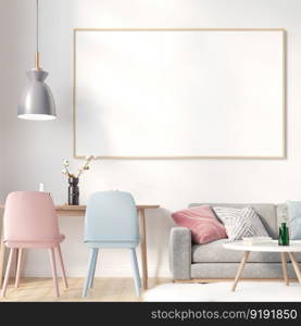 3D illustration mockup large board with frame in children room or nursery room, scandinavian style interior pastel colors and decoration with cute furniture and comfortable, rendering
