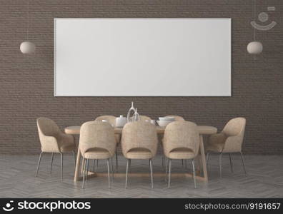 3D illustration mockup large board with frame in dining room  at home or restaurant, scandinavian style interior pastel colors and decoration with cute furniture and comfortable, rendering